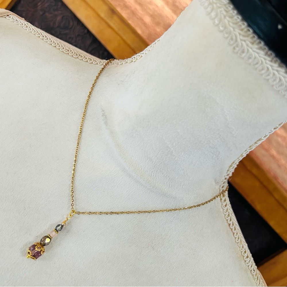 Handcrafted vintage bead faceted glass crystal drop pendant on chain necklace